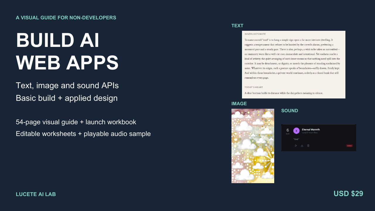 Build AI Web Apps visual guide showing structured text, an illustrated image card and a saved audio result
